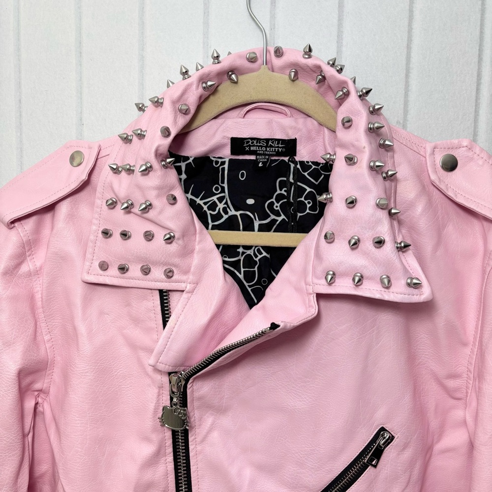 Dolls Kill X Hello Kitty Faux Leather Moto Jacket Spikes Full Lined Size L - Picture 2 of 15